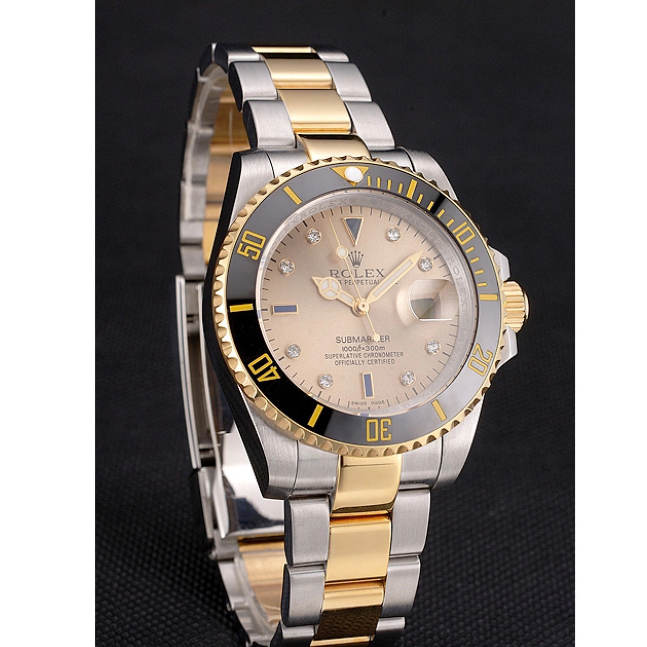 AAA replica watch Markings Gold Black Dial Tone Gold Two Submariner Diamond Bezel Swiss Steel Rolex Bracelet 0818